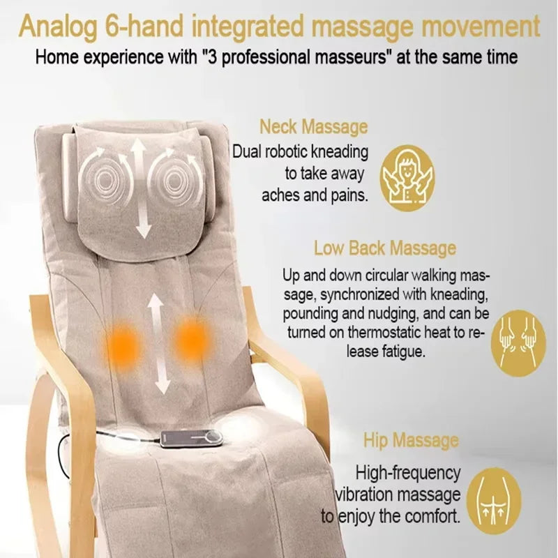 LAQTA electric rocking massage chair with plush upholstery and built-in massage rollers, designed for relaxing comfort.