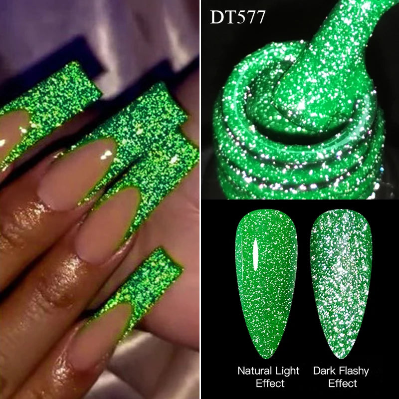 LAQTA fluorescent reflective gel nail polish swatch showing vibrant glow and shiny finish under light.