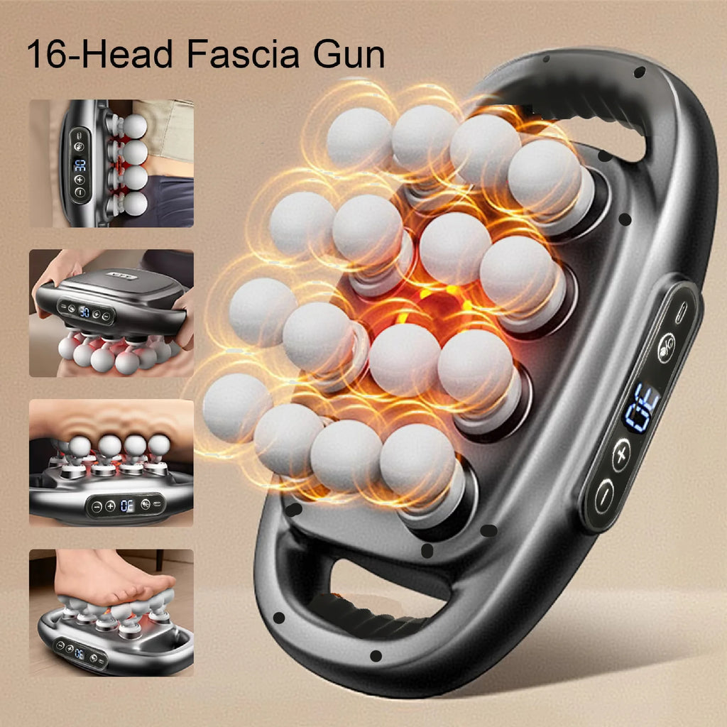 LAQTA massage gun set with multiple attachments and ergonomic handle for muscle relief and deep tissue massage.