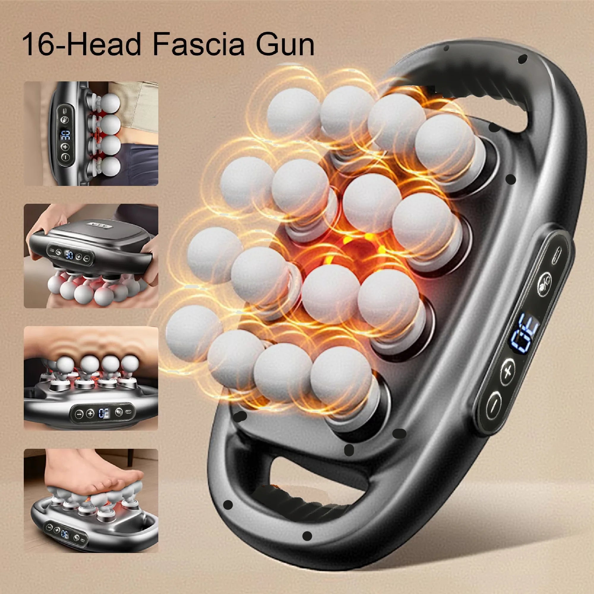 LAQTA massage gun set with multiple attachments and ergonomic handle for muscle relief and deep tissue massage.