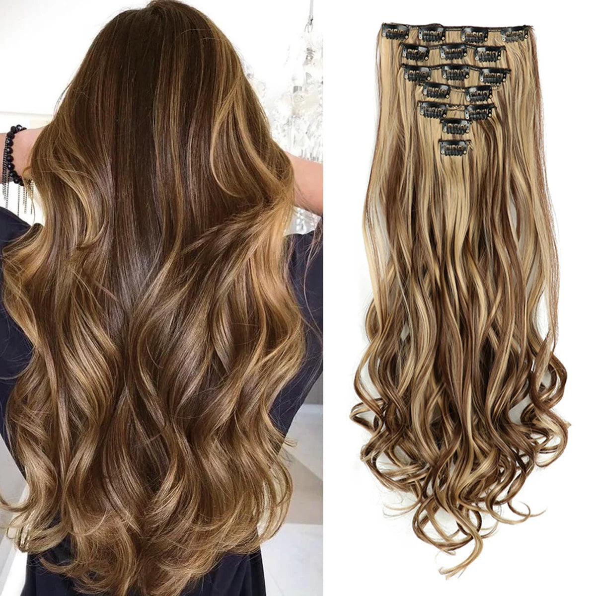 LAQTA clip-in hair extensions shown in natural black, featuring long, thick strands for added volume and length.