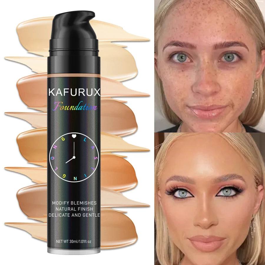 LAQTA liquid foundation in a shade from the 8-color palette, showing smooth, blended application on skin.
