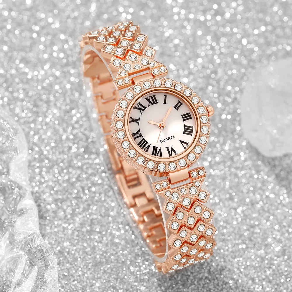 Elegant women's watches by LAQTA with rhinestone accents, featuring five stylish timepieces on a neutral background.