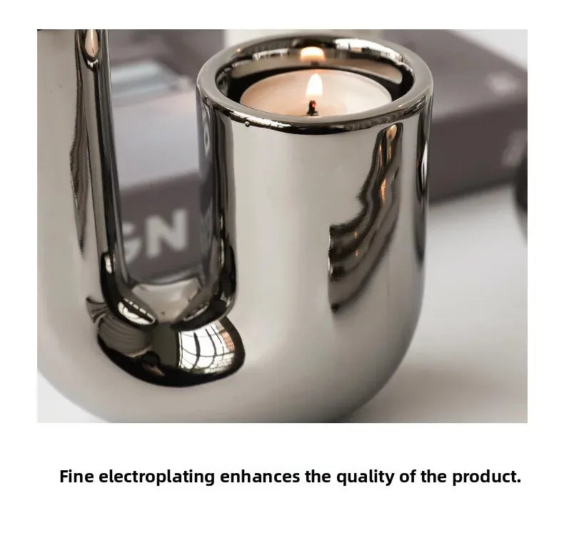 Luxury electroplating silver geometric ceramic candlestick by LAQTA, showcasing a modern design with sleek lines and a polished finish.