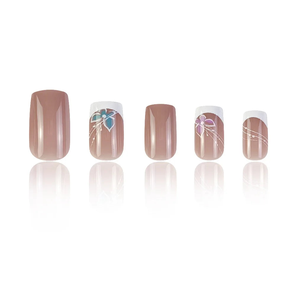 Set of 24 short square-shaped artificial nails from LAQTA, showcasing a variety of stylish nail designs and finishes.