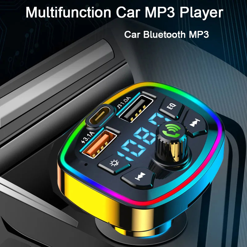 LAQTA Car Bluetooth 5.0 FM Transmitter connected to a vehicle dashboard, showing display screen and control buttons.