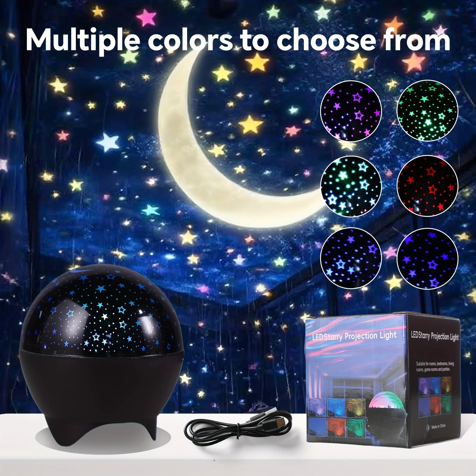 LAQTA Starry Sky Moon Projector LED night light displaying a glowing moon and starry sky scene on a dark background.