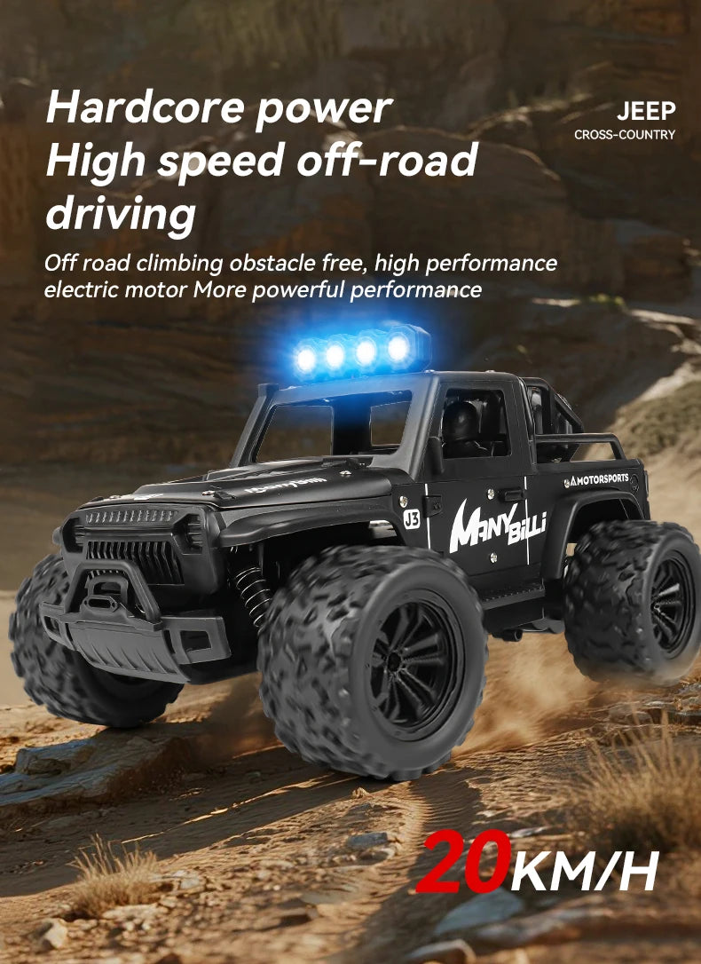 LAQTA 2.4GHz remote control Jeep with detailed exterior and large tires, perfect for outdoor off-road play.