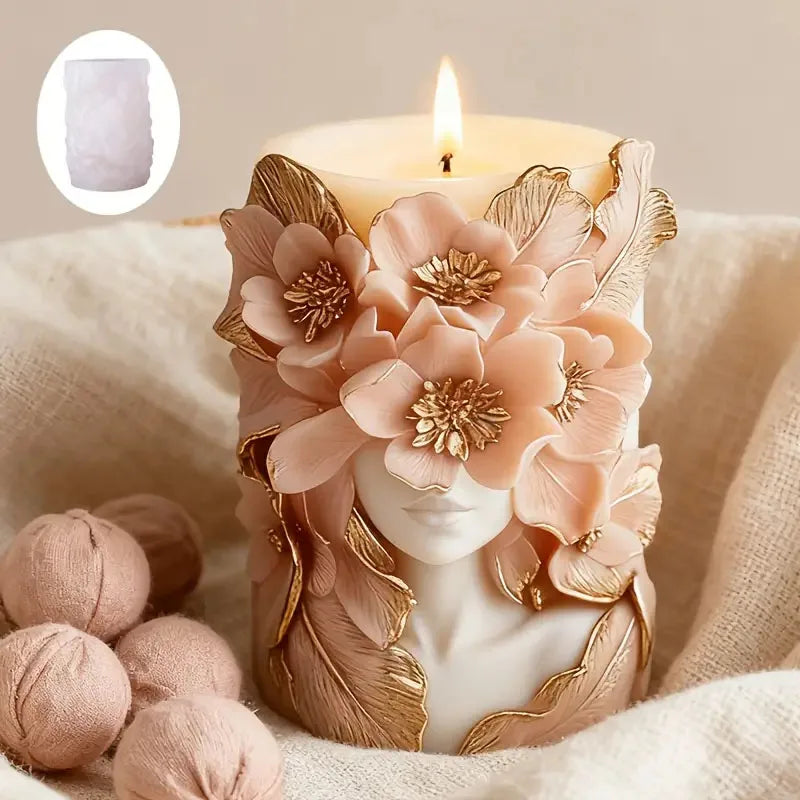 3D floral face candle mold by LAQTA, showcasing intricate flower and face design in silicone material for candle making.