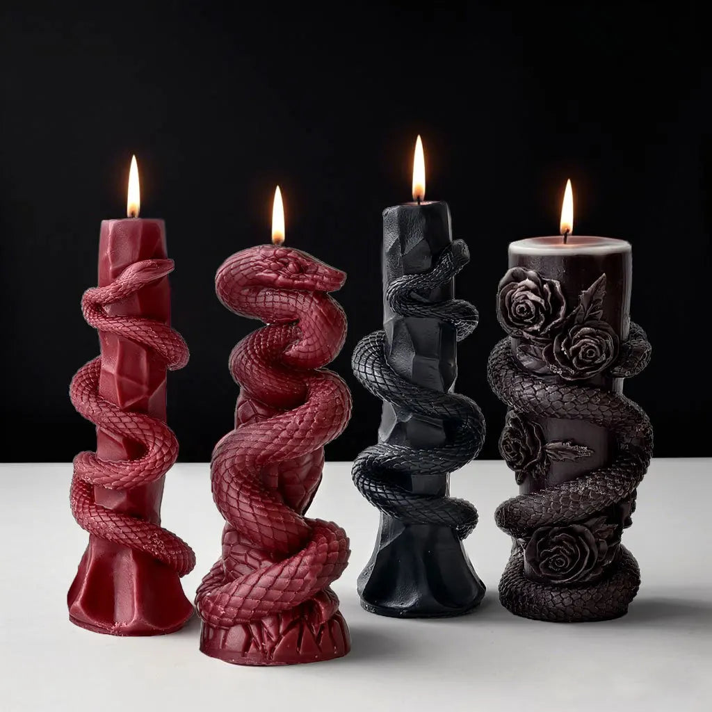 LAQTA Relief Snake Pillar Candle Mold showing the detailed snake design and mold cavity for candle making.