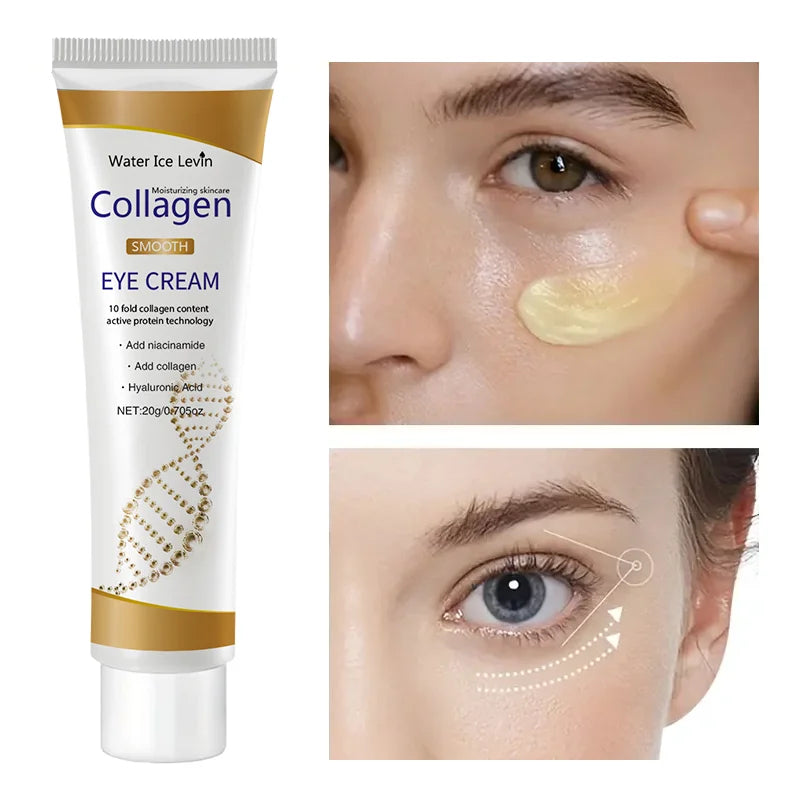 LAQTA collagen eye cream jar with white lid, showing the smooth cream inside and the elegant packaging.