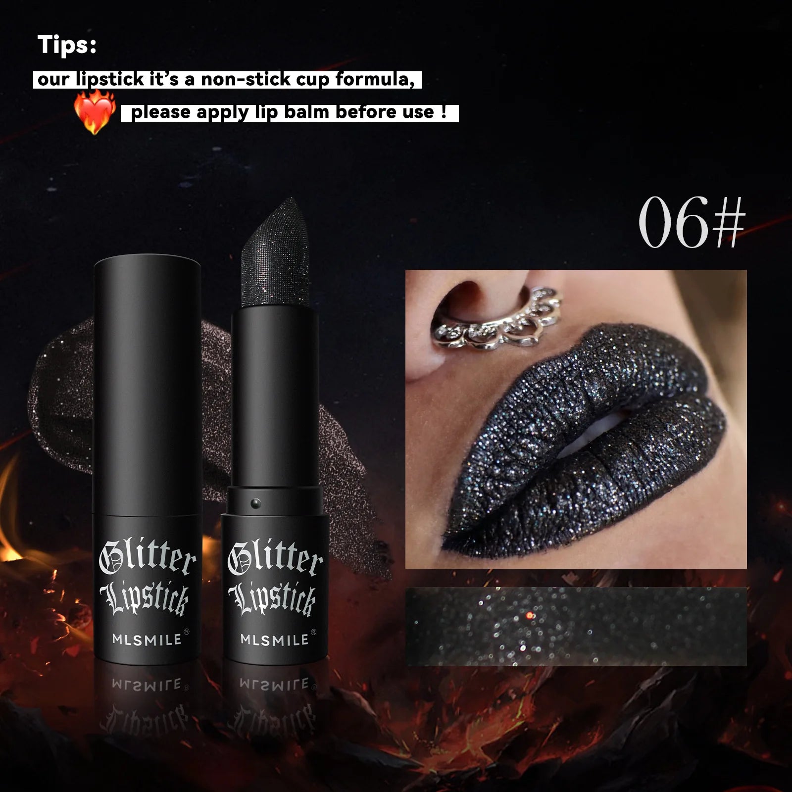 LAQTA waterproof glitter lipstick applied on lips, showcasing shimmering, bold lip color with a glossy finish.