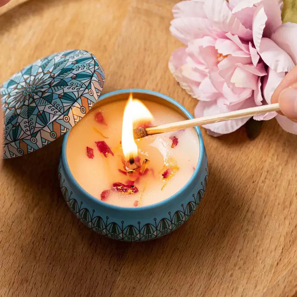 LAQTA dried smokeless aromatherapy candles in a glass jar, showcasing their natural, fragrant wax with dried botanical accents.