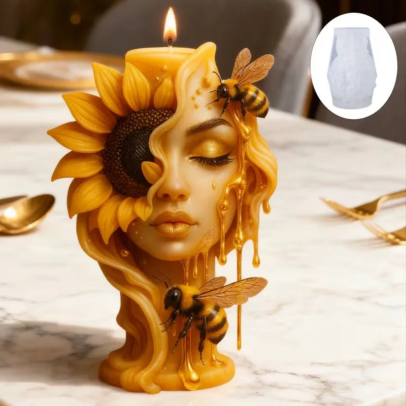 Sunflower and bee-shaped candle mold by LAQTA, showing detailed design and silicone material for creating decorative candles.