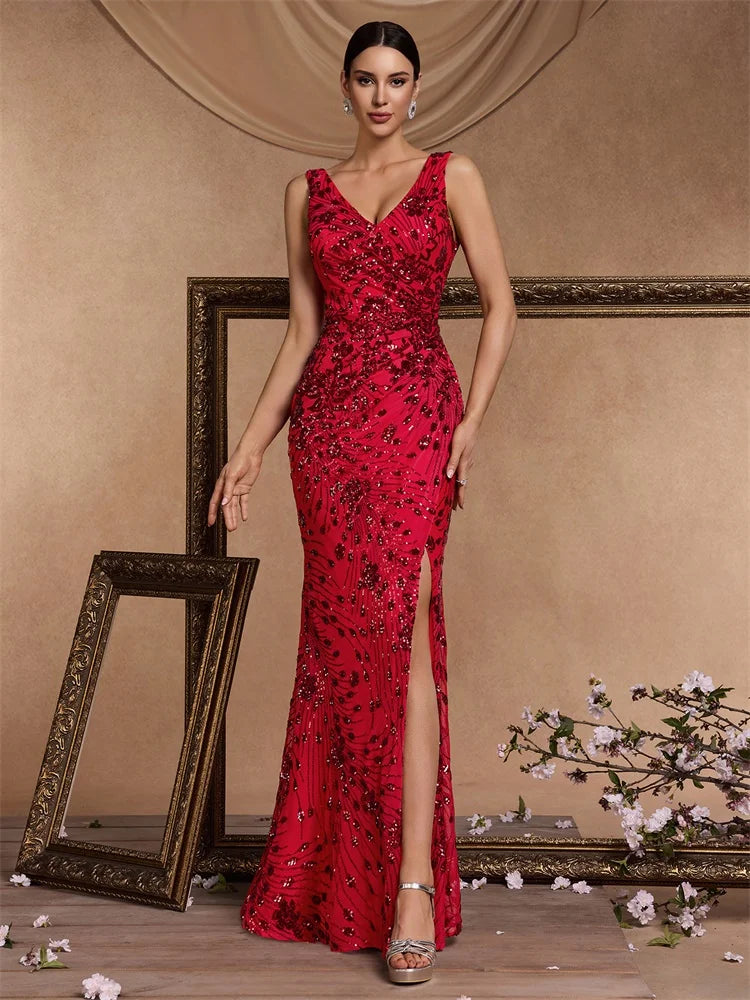 Elegant slit evening dress by LAQTA featuring a sleek design and flowing fabric, perfect for formal events.