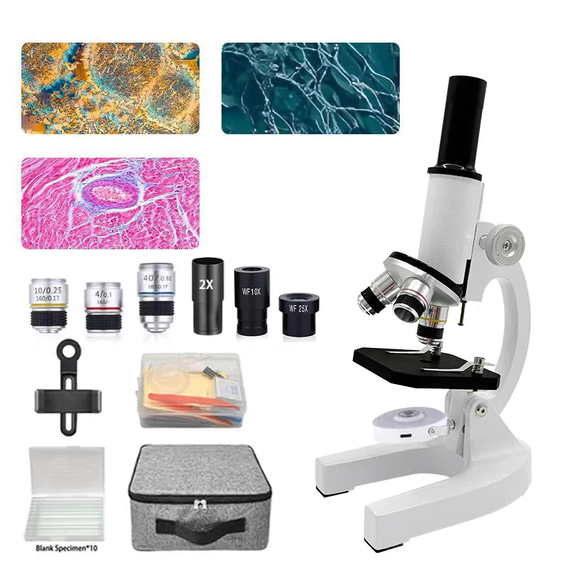 LAQTA 40X-2000X magnification microscope for kids, featuring a compact design with adjustable eyepiece and colorful components.