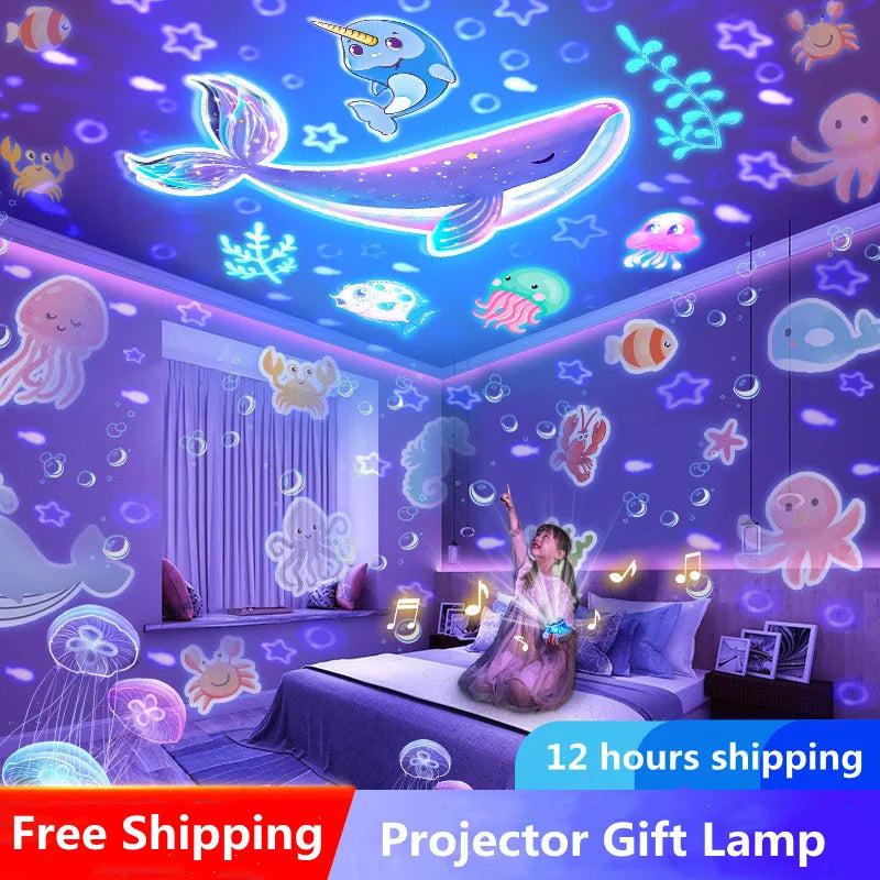LAQTA Starry Projector Night Light displaying a starry sky projection on a wall in a cozy bedroom setting