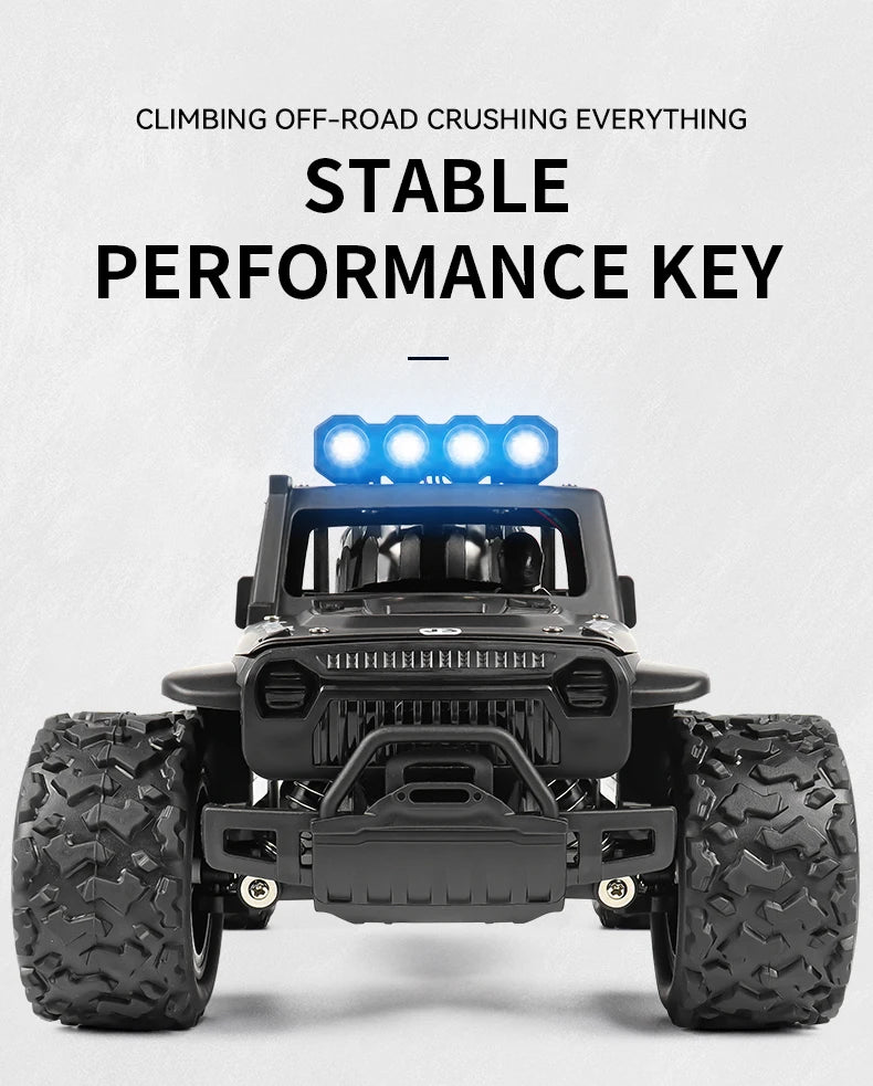LAQTA 2.4GHz remote control Jeep with detailed exterior design and off-road tires for outdoor play.