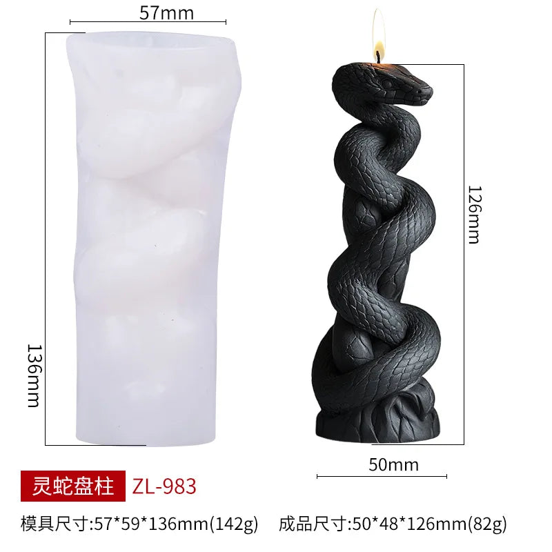 Silicone mold for making 3D rotating snake relief candles, designed by LAQTA, with intricate snake details and flexible material.