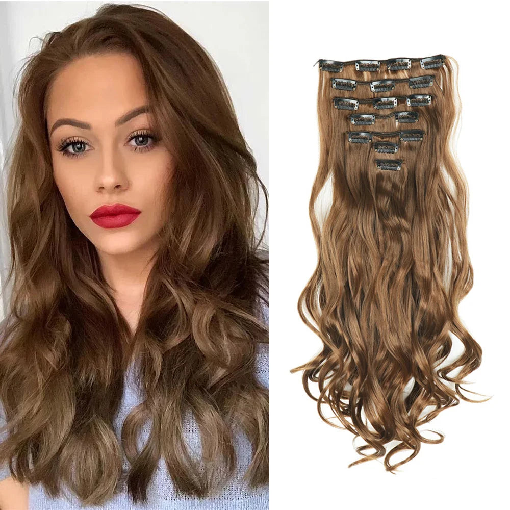 LAQTA clip-in hair extensions in a natural brown shade, showing the wefts and hair strands for easy attachment.