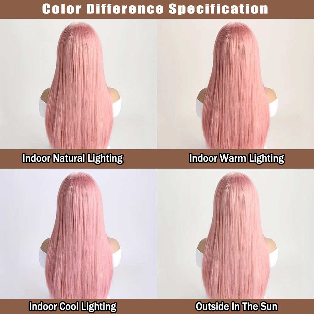 Long straight synthetic wig by LAQTA with smooth, sleek hair flowing down in natural black color.