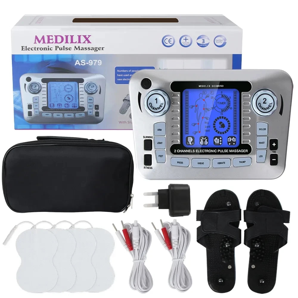 LAQTA digital electric pulse massager with 12 modes, showing a sleek handheld device with control buttons and display screen.