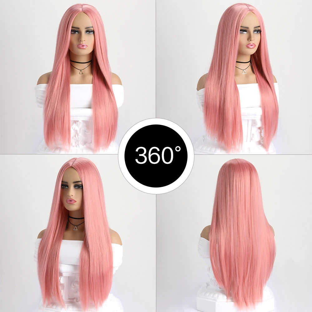 Long straight synthetic wig by LAQTA, showcasing sleek, shiny hair with a natural part and smooth texture.