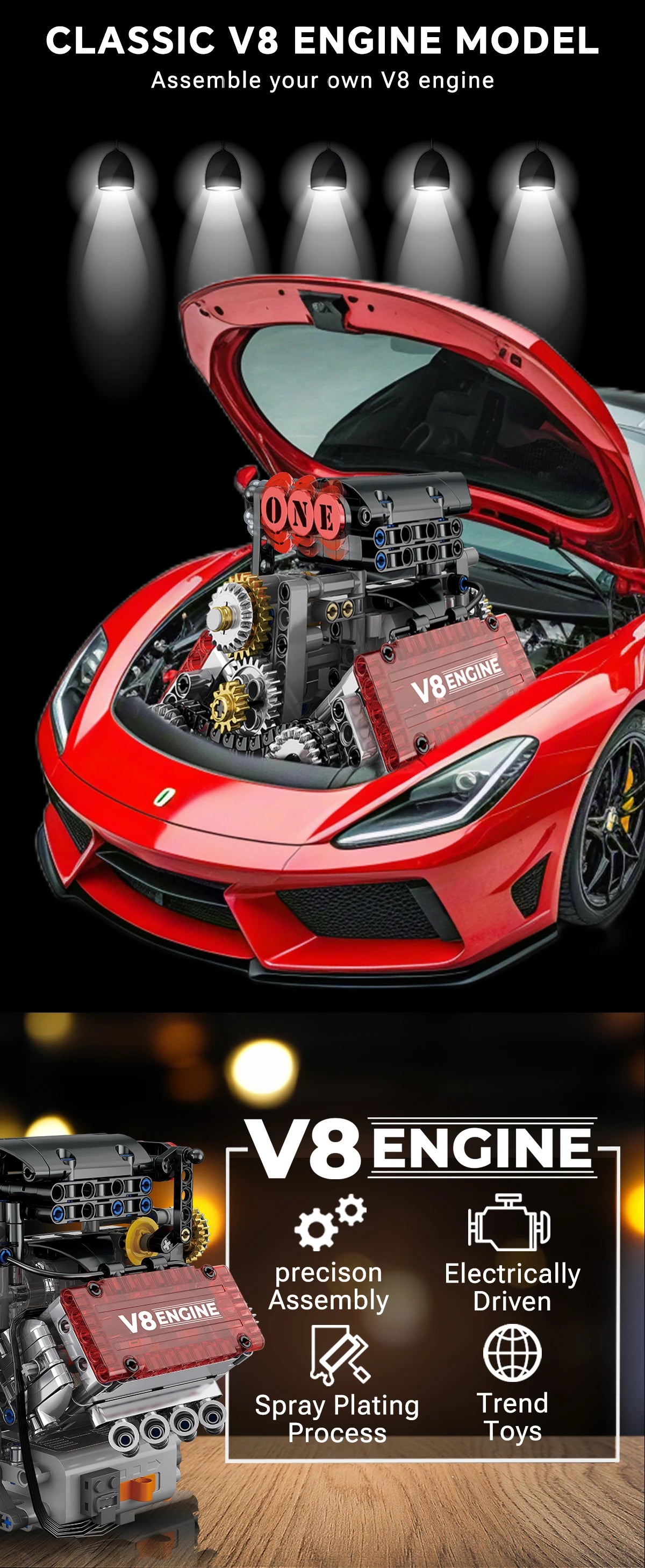 LAQTA V8 Engine Motorized Simulation model showing detailed engine components and realistic design for educational display.
