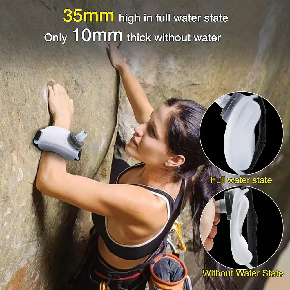 LAQTA wrist water bottle with adjustable strap and clear container, ideal for hydration on the go