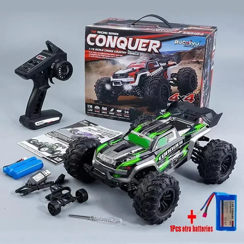 Large LAQTA RC car with 4WD drive and a sleek design, capable of reaching speeds up to 50km/h on rugged terrain.
