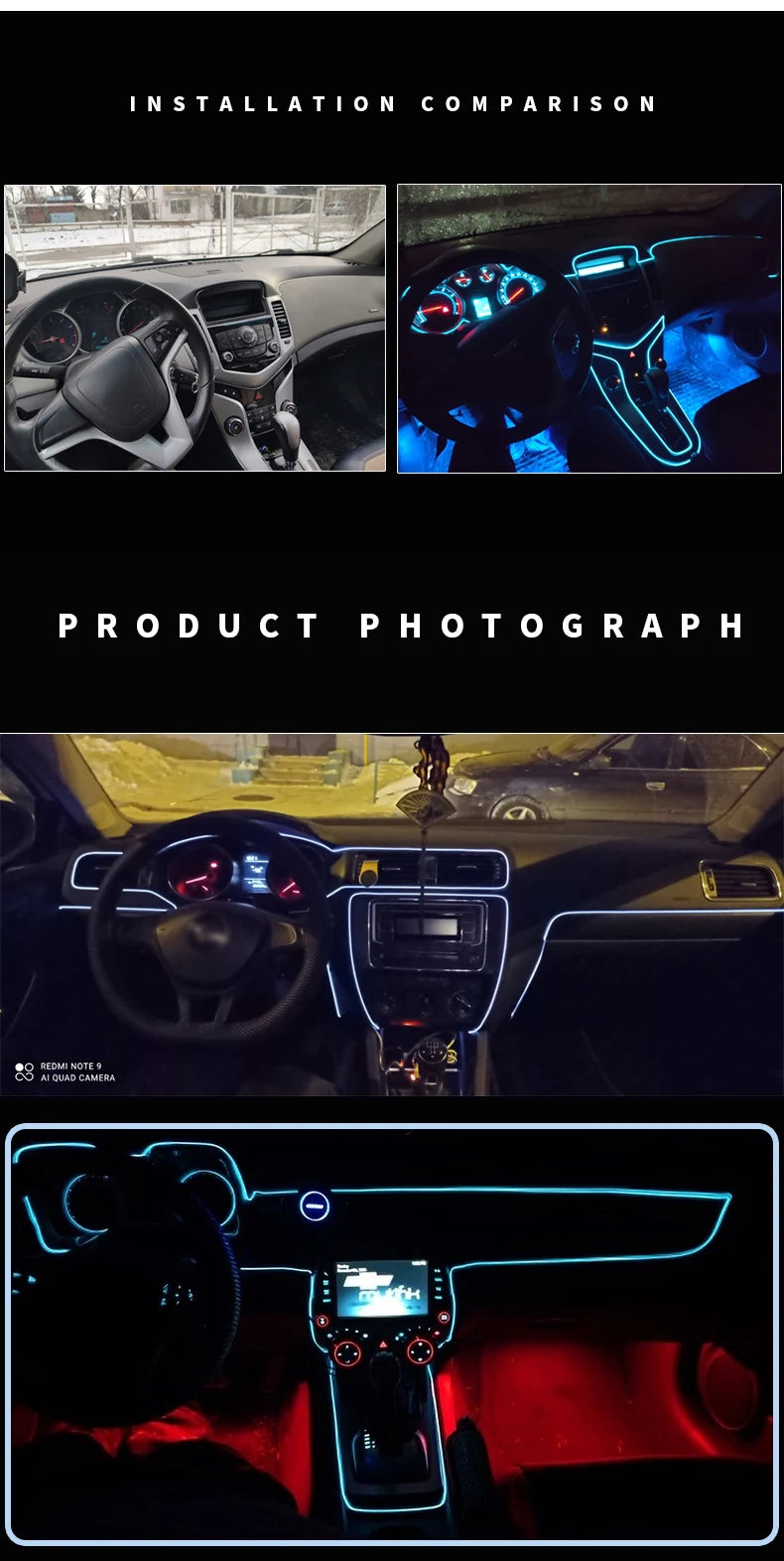 LAQTA car interior atmosphere lighting LED strip installed inside a vehicle, enhancing ambient lighting with customizable colors.