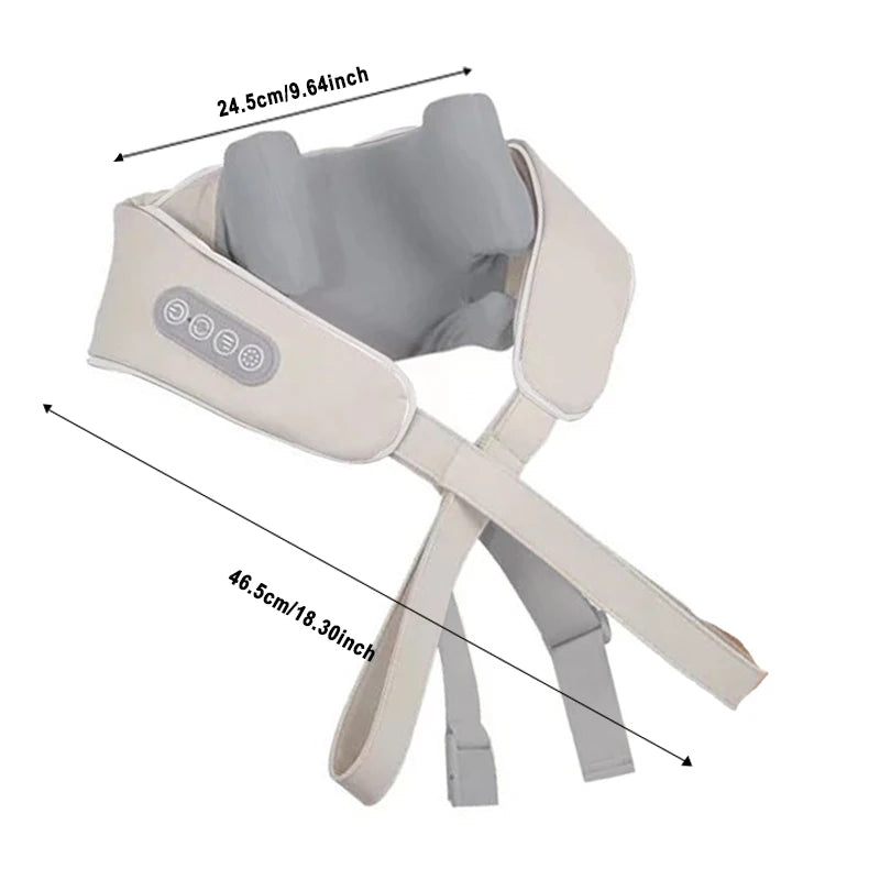 LAQTA neck massager with ergonomic design and adjustable straps, showing its compact, handheld device for relaxing neck muscles.