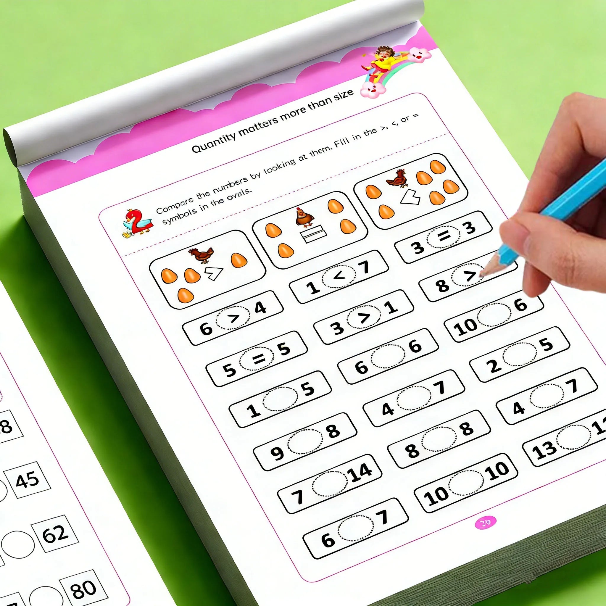 LAQTA math workbook with colorful pages and exercises for students, designed to enhance math skills and problem-solving.