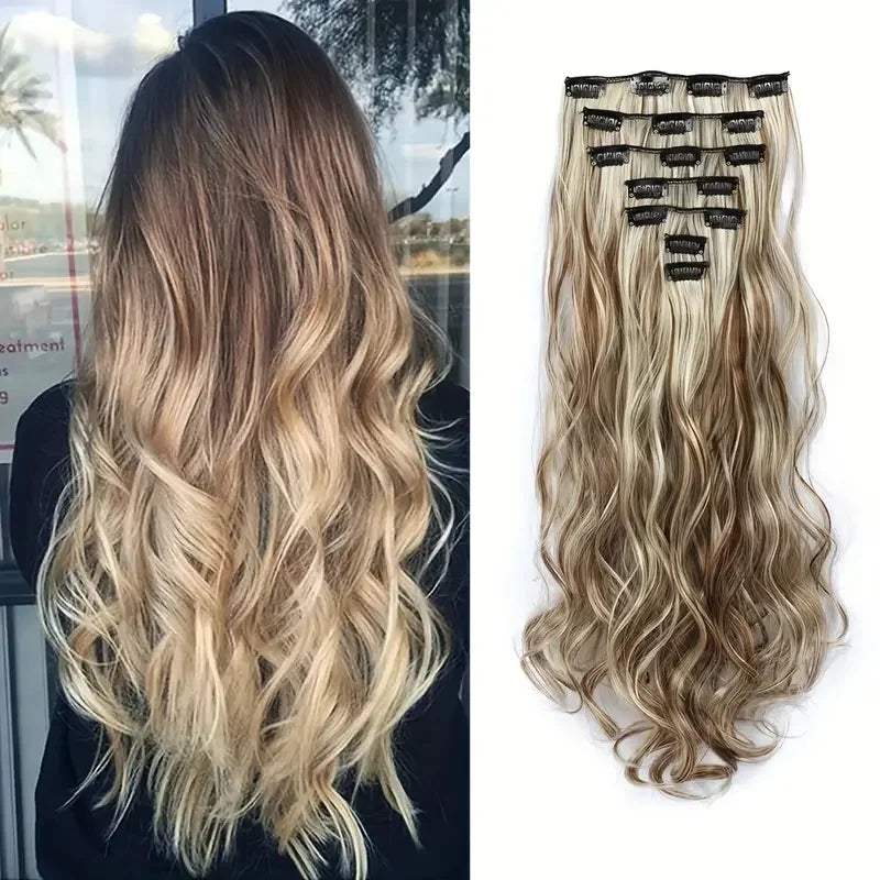 LAQTA clip-in hair extensions in a natural color, showing the long, thick hair strands with clips attached for easy styling.