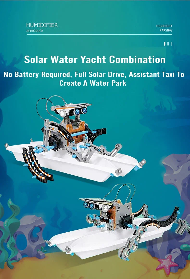 LAQTA 12-in-1 science experiment solar robot toy showing assembled robot with solar panel and colorful parts for DIY science fun.