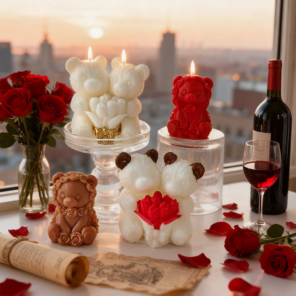 Silicone candle mold for creating love rose bears by LAQTA, featuring detailed petal and bear shapes for decorative candles.
