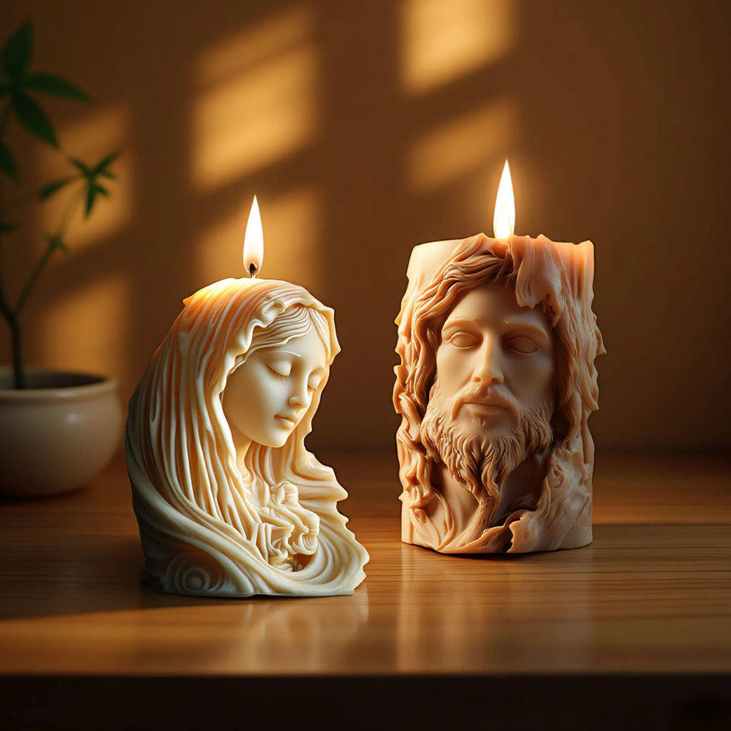 Silicone candle mold in Jesus statue design by LAQTA, showing detailed religious figure outline for crafting candles.