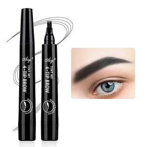 LAQTA four-pronged eyebrow pencil showing a close-up of the pencil tip and packaging for natural, precise eyebrow shaping.