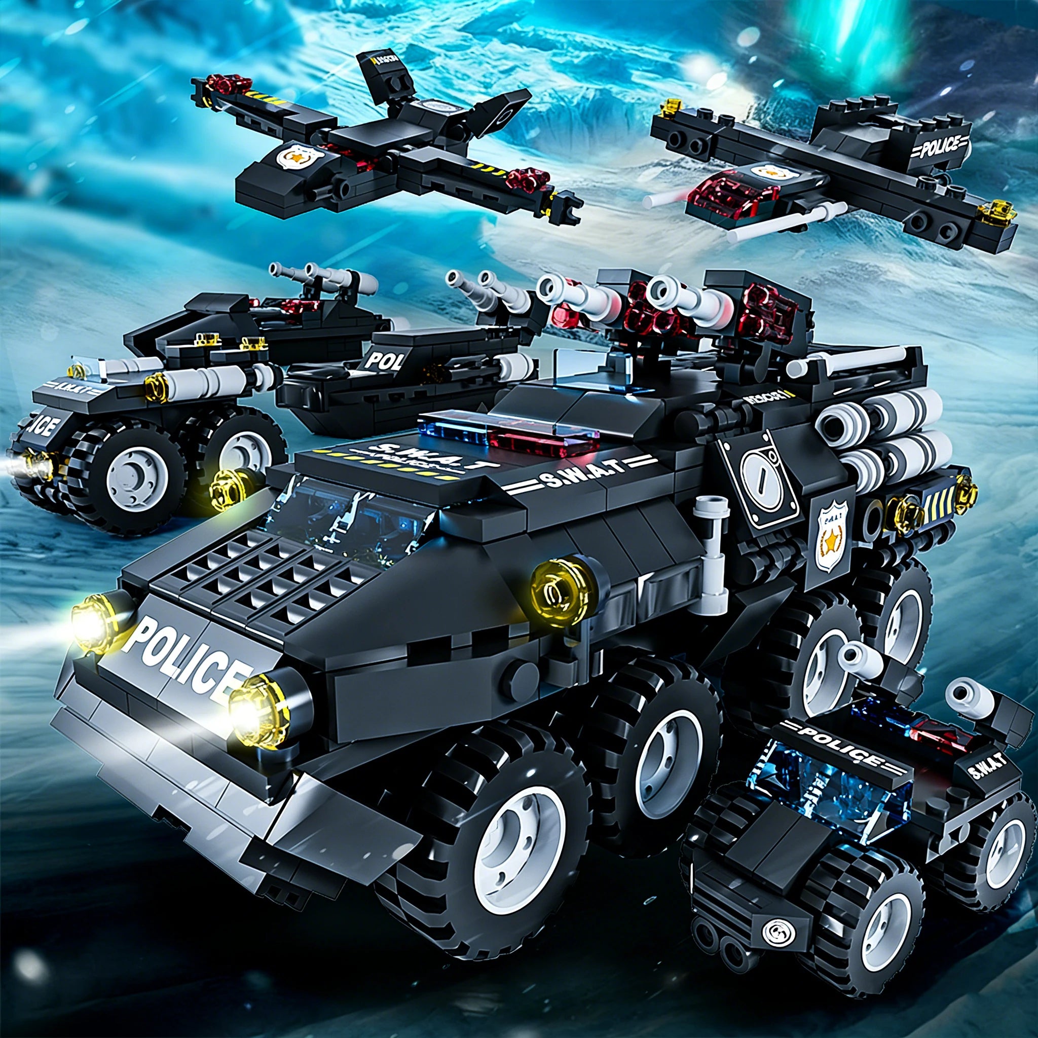 LAQTA military building blocks set featuring assembled military vehicle model with detailed construction, perfect for creative play.