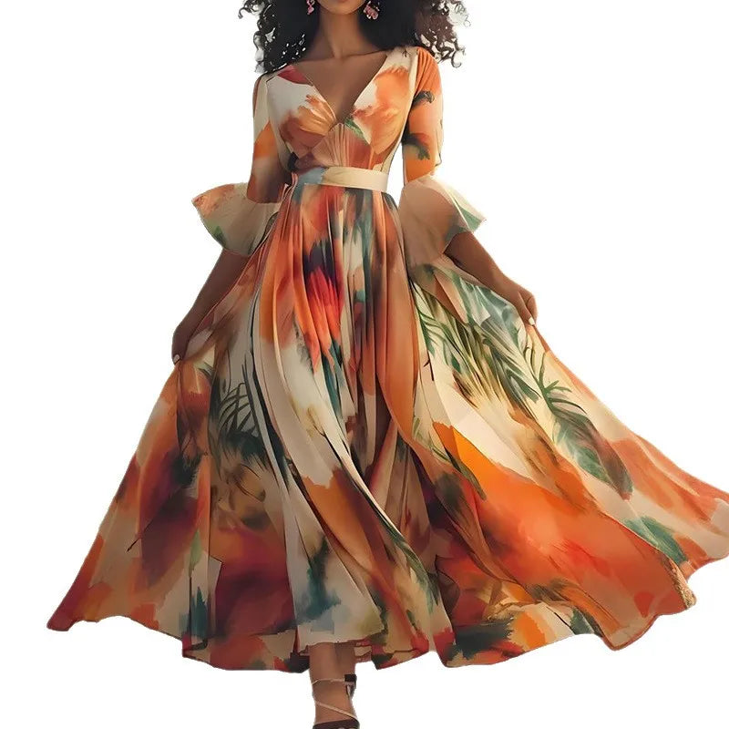 Long women's dress by LAQTA featuring a flowing silhouette and elegant design, shown in a soft fabric with a fitted waist.