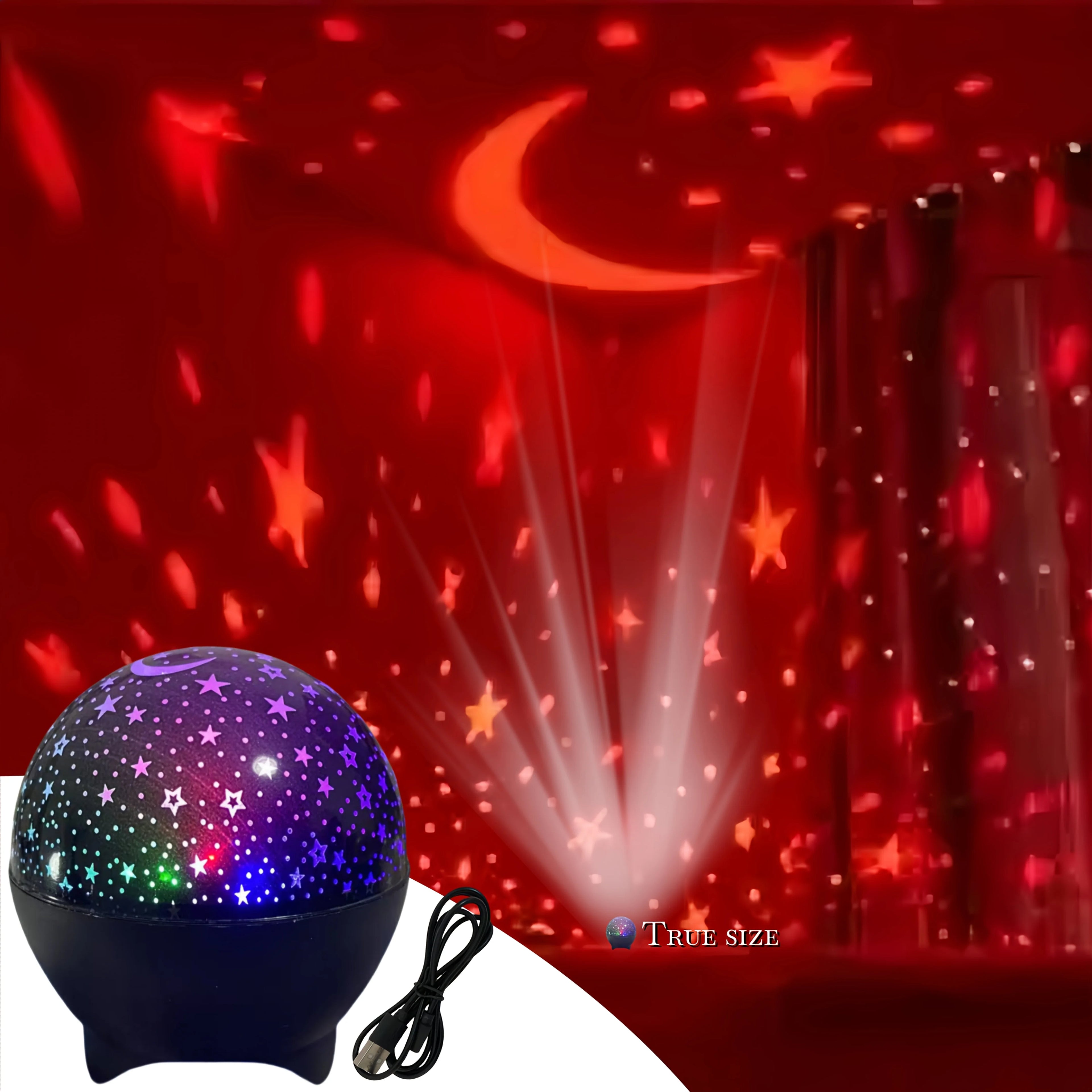 LAQTA Starry Sky Moon Projector LED Night Light displaying a glowing moon and starry sky pattern for relaxing ambiance.