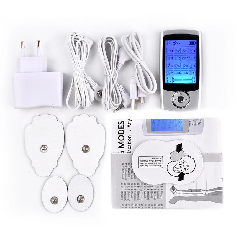 LAQTA Electric Tens Relax Muscle device with 16 modes, showing its control panel and electrode pads for muscle relief therapy.