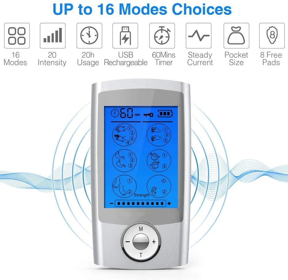 LAQTA Electric Tens Relax Muscle device with 16 modes, showing the handheld unit with control panel and electrode pads.