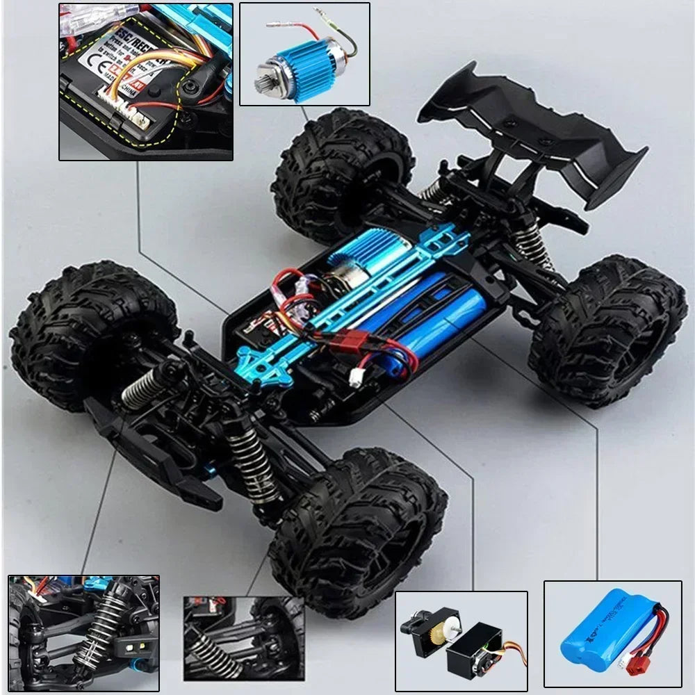 Large LAQTA RC car with 4WD drive and high-speed capability of 50km/h, shown in action on rough terrain.