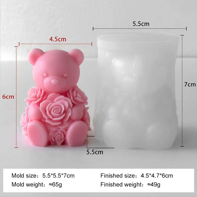 Silicone candle mold in the shape of a love rose bear by LAQTA, showing detailed heart and bear design for crafting candles.