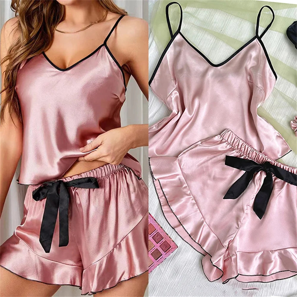 Women's smooth satin pajamas V-neck T-shirt by LAQTA, featuring a soft, shiny fabric and relaxed fit in a stylish design.