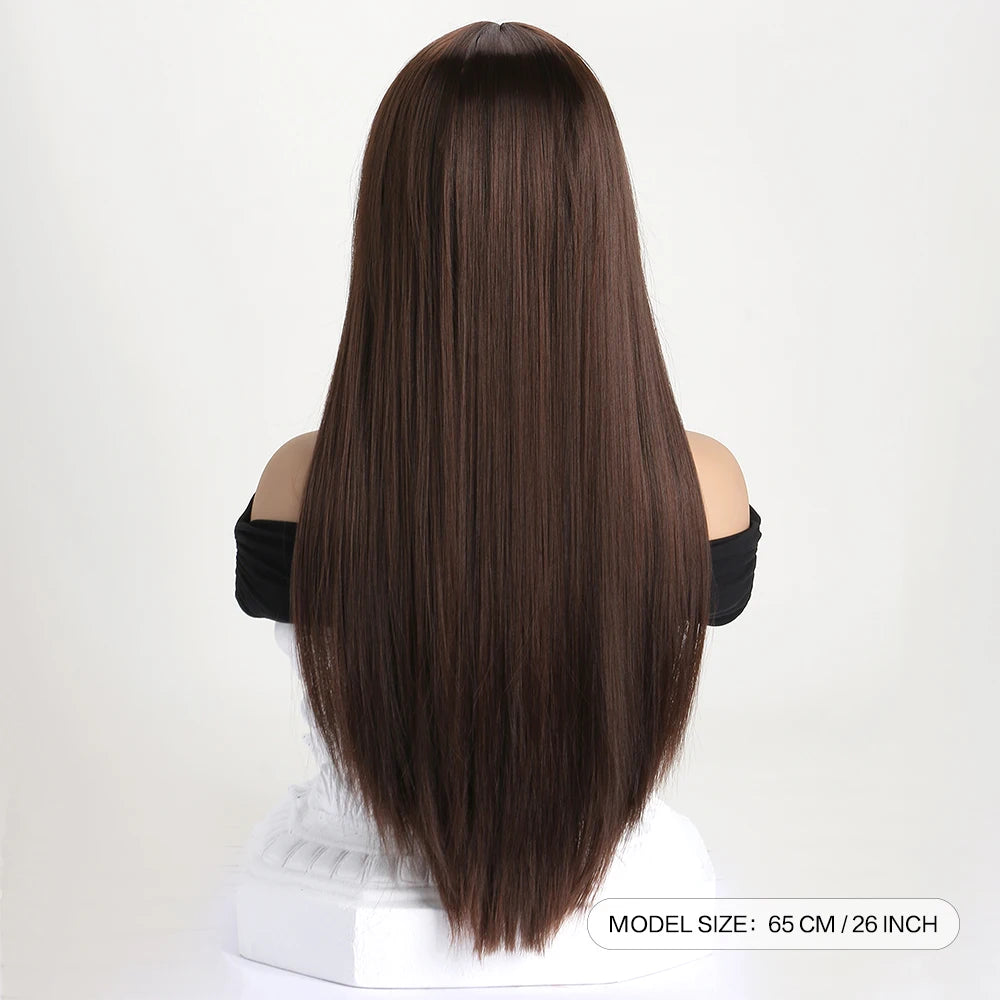 Long straight synthetic wig by LAQTA with smooth, sleek hair flowing down, showcasing its natural appearance and shiny finish.