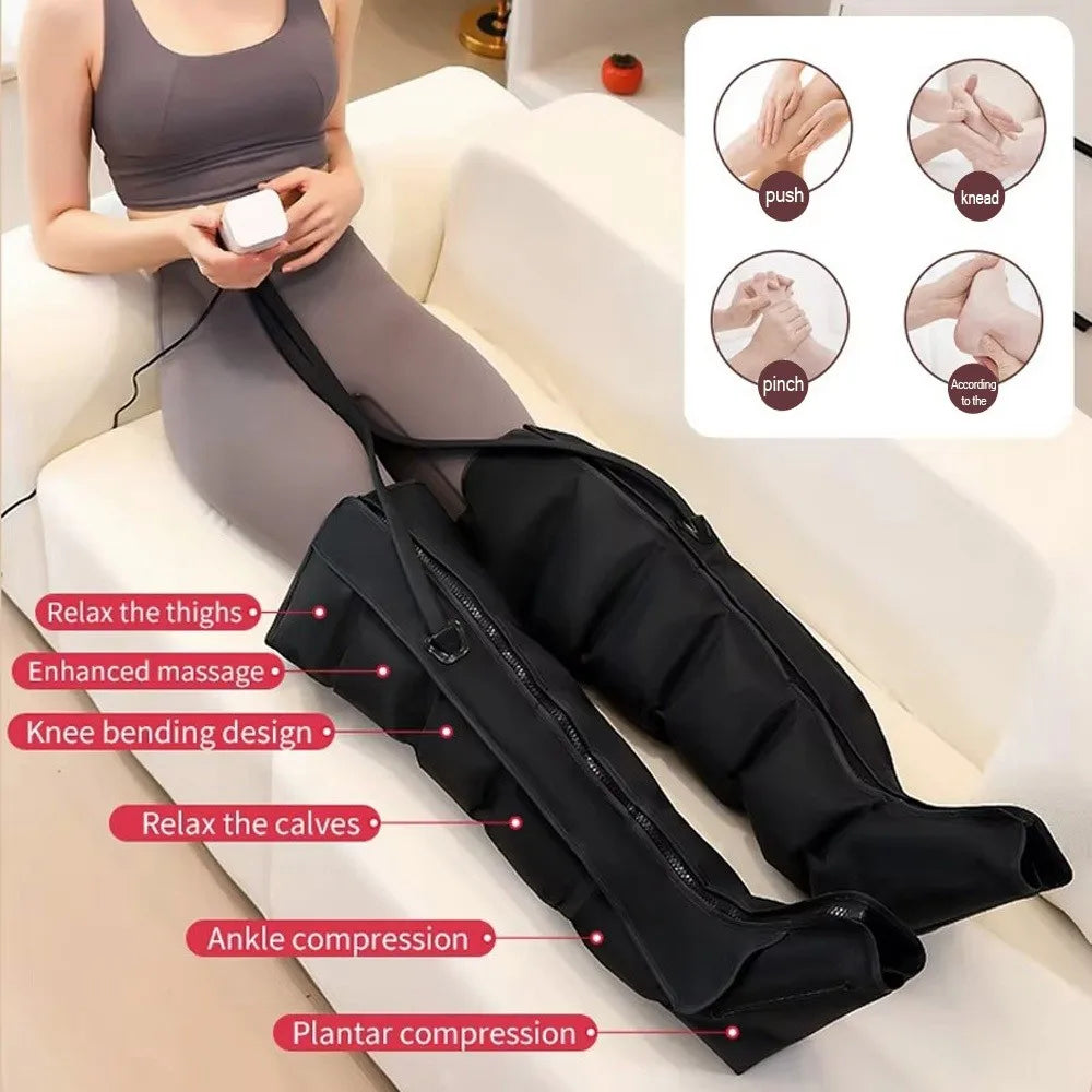 LAQTA electric pneumatic leg massager showing adjustable straps and multiple massage nodes for relaxing leg therapy.