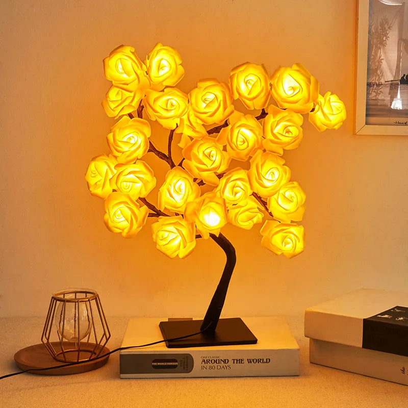 LAQTA LED Rose Leaf Table Lamp with illuminated floral design and elegant base, perfect for cozy home decor.