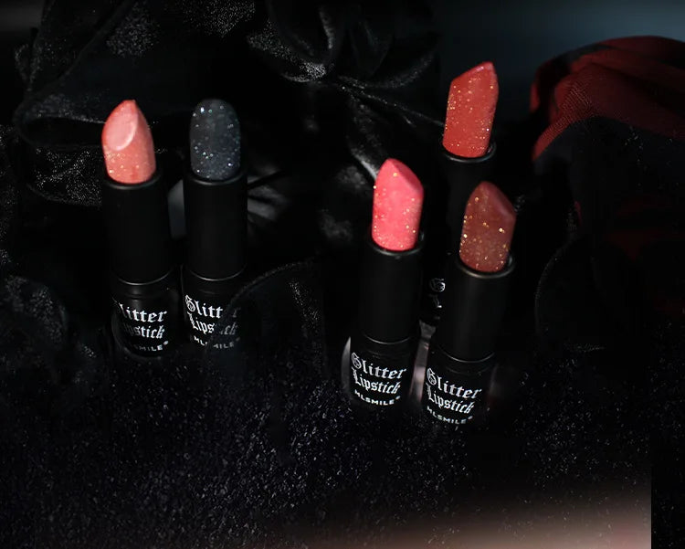 LAQTA waterproof glitter lipstick in vibrant shade, showcasing a close-up of the shimmering, bold lip color on model's lips.